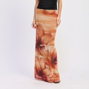 Floral Mesh Maxi Skirt (Rust)